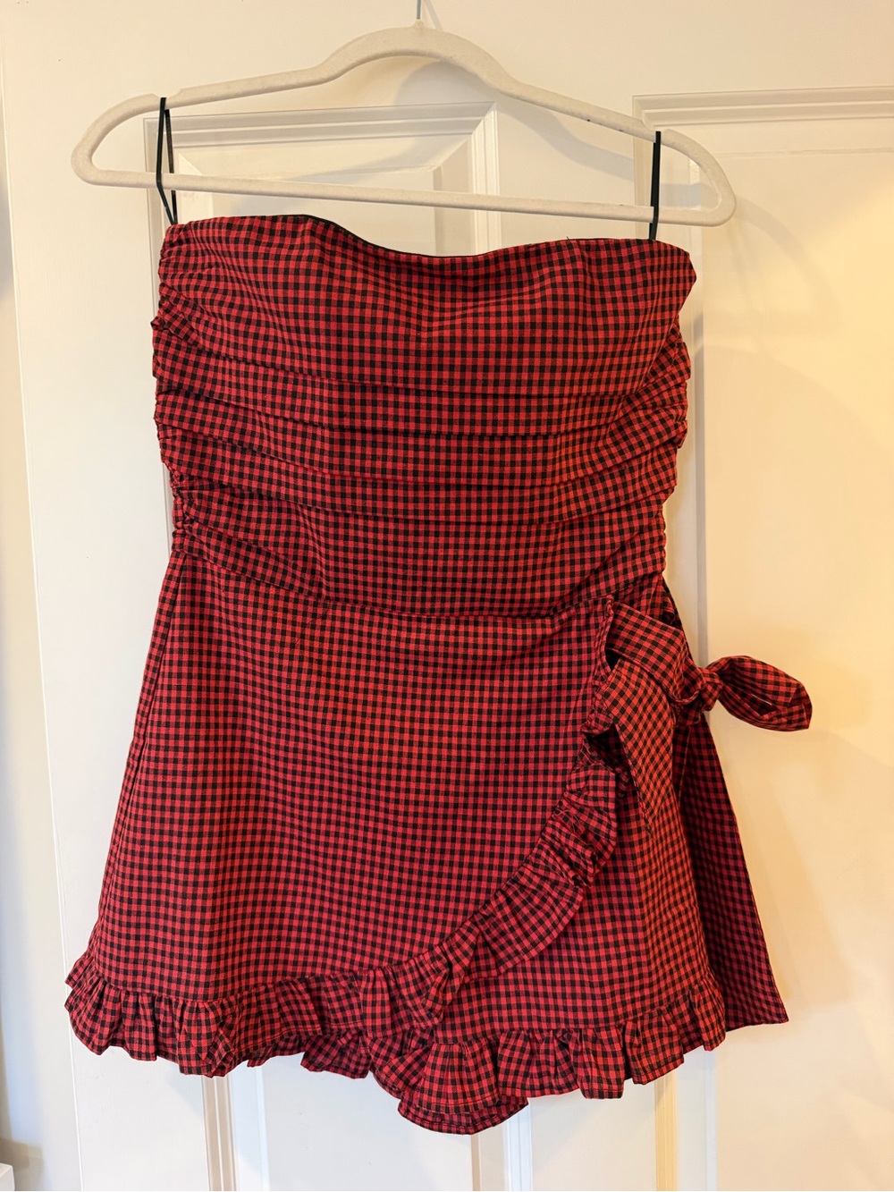 Strapless Red Gingham Ruched Mini Romper with Side Tie. New but no tags.